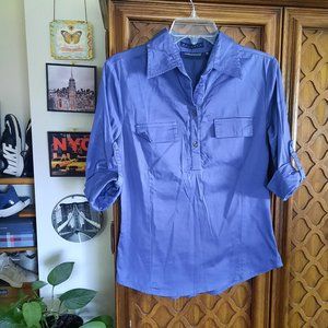 Cottoworld 3/4 Tab Sleeve Cargo Pocket Utility Shirt - Blue, Size XS